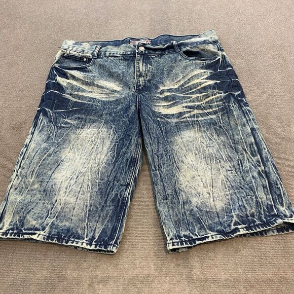 GS-115 Denim Distressed‎ Jean Shorts Size 40 Baggy Long Y2K Acid Wash - Picture 1 of 14